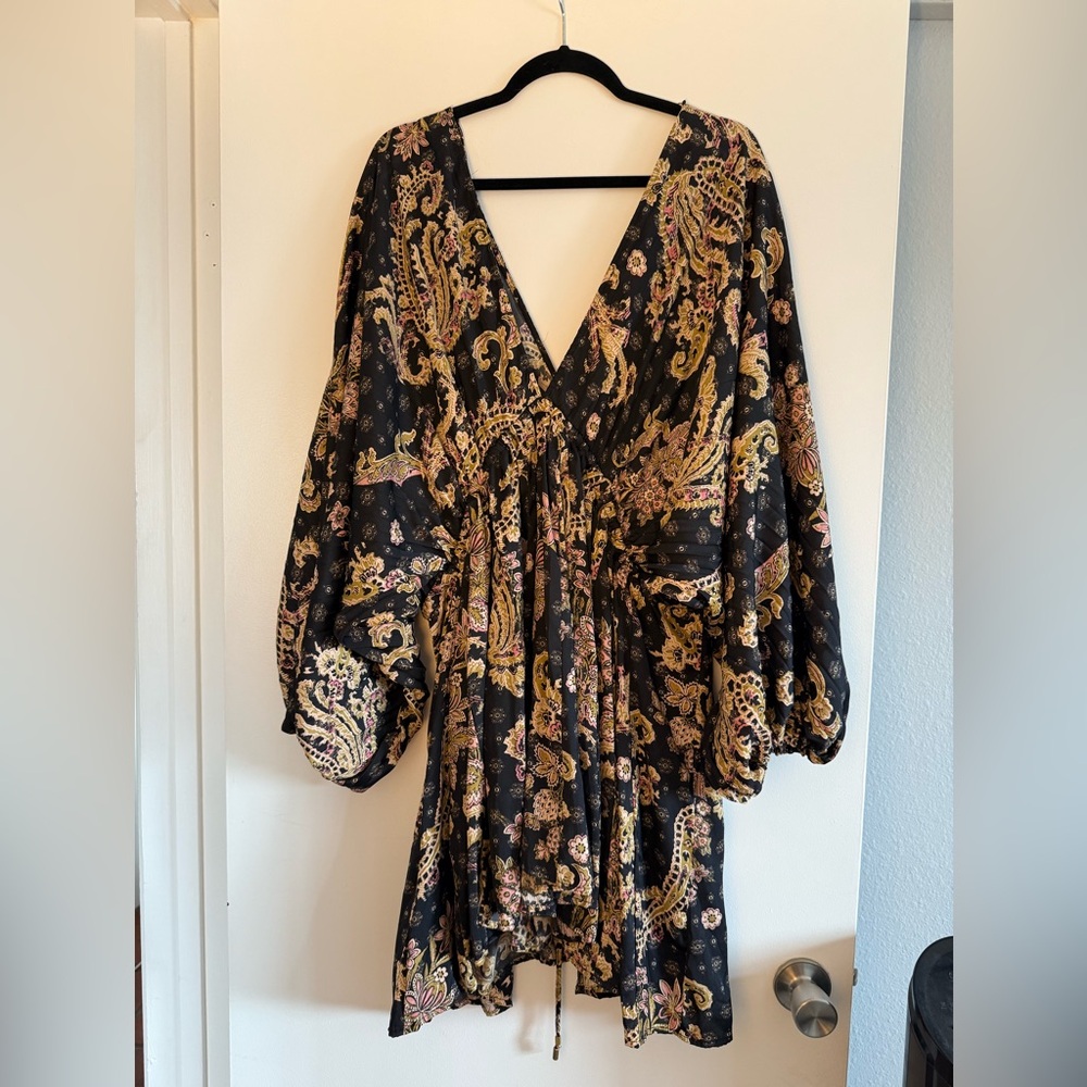 Free People Printed Arzel Mini Dress in Black Combo Size L